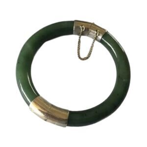 Antique Bangle Bracelet Spinach Green Nephrite Jade Vermeil Gold Sterling Silver
